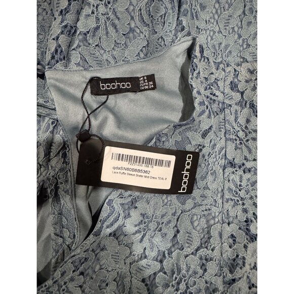 NEW Boohoo Womens 4 Lace Plunge Midi Dress Ruffle Sleeve Skater Teal Blue Party - Picture 5 of 9